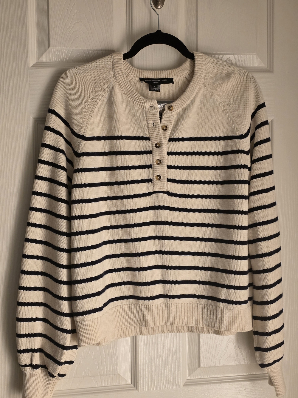 French Connection Cream and Navy Striped Henley Sweater